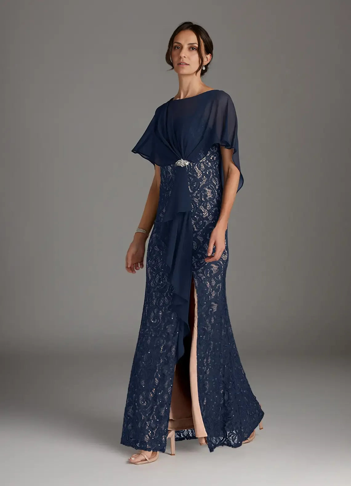 Sheath Boat-Neck Flutter Sleeve Back Zip Floor-Length Mother of the Bride Dress
