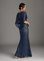 Sheath Boat-Neck Flutter Sleeve Back Zip Floor-Length Mother of the Bride Dress