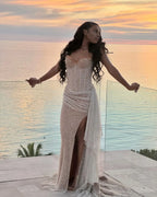 Sheath Off the Shoulder Sleeveless Pleated Beaded Sweep Train Prom Dress