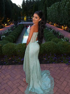 Sheath Off the Shoulder Sleeveless Pleated Beaded Sweep Train Prom Dress