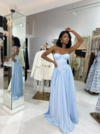 Strapless Sleeveless A Line Pleated Floor-Length Party Dress