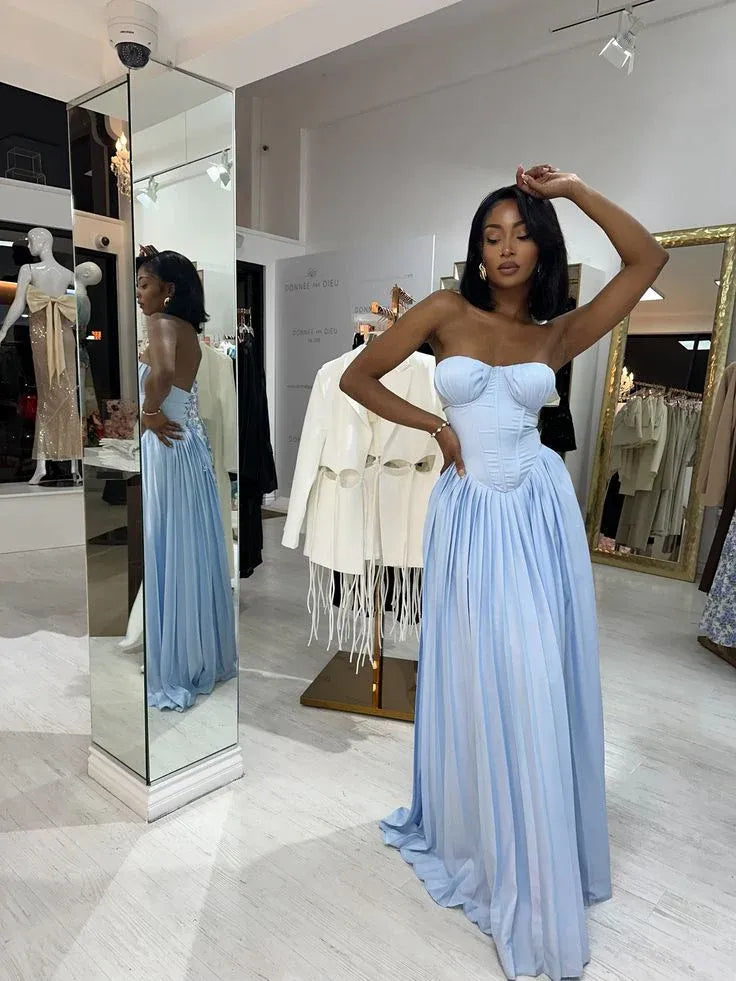 Strapless Sleeveless A Line Pleated Floor-Length Party Dress