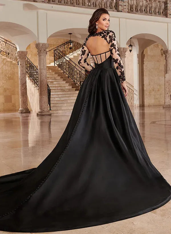 V-Neck Long Sleeves Ball-Gown Court Train Prom Dress