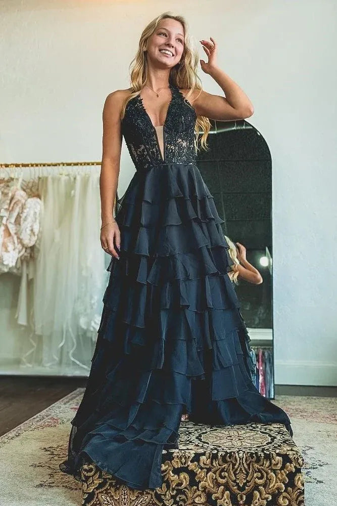 V Neck Sleeveless Empire A-Line Tiered Appliques Long Prom Dress