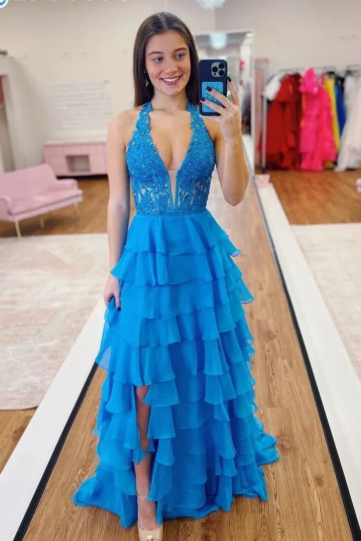 V Neck Sleeveless Empire A-Line Tiered Appliques Long Prom Dress