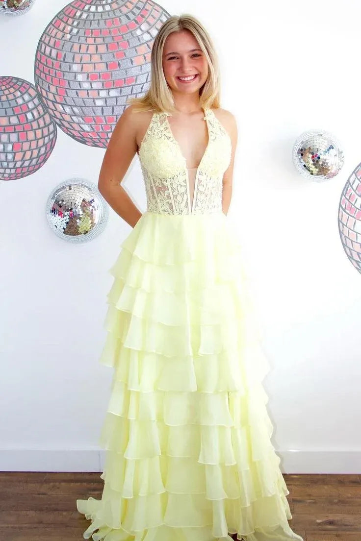 V Neck Sleeveless Empire A-Line Tiered Appliques Long Prom Dress