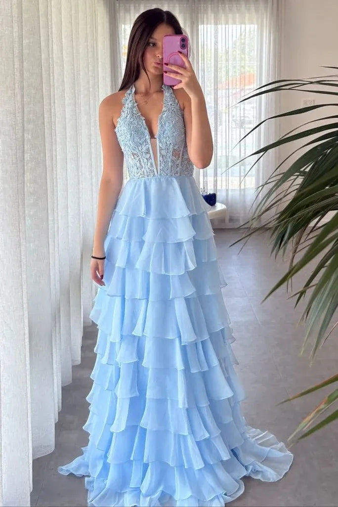 V Neck Sleeveless Empire A-Line Tiered Appliques Long Prom Dress
