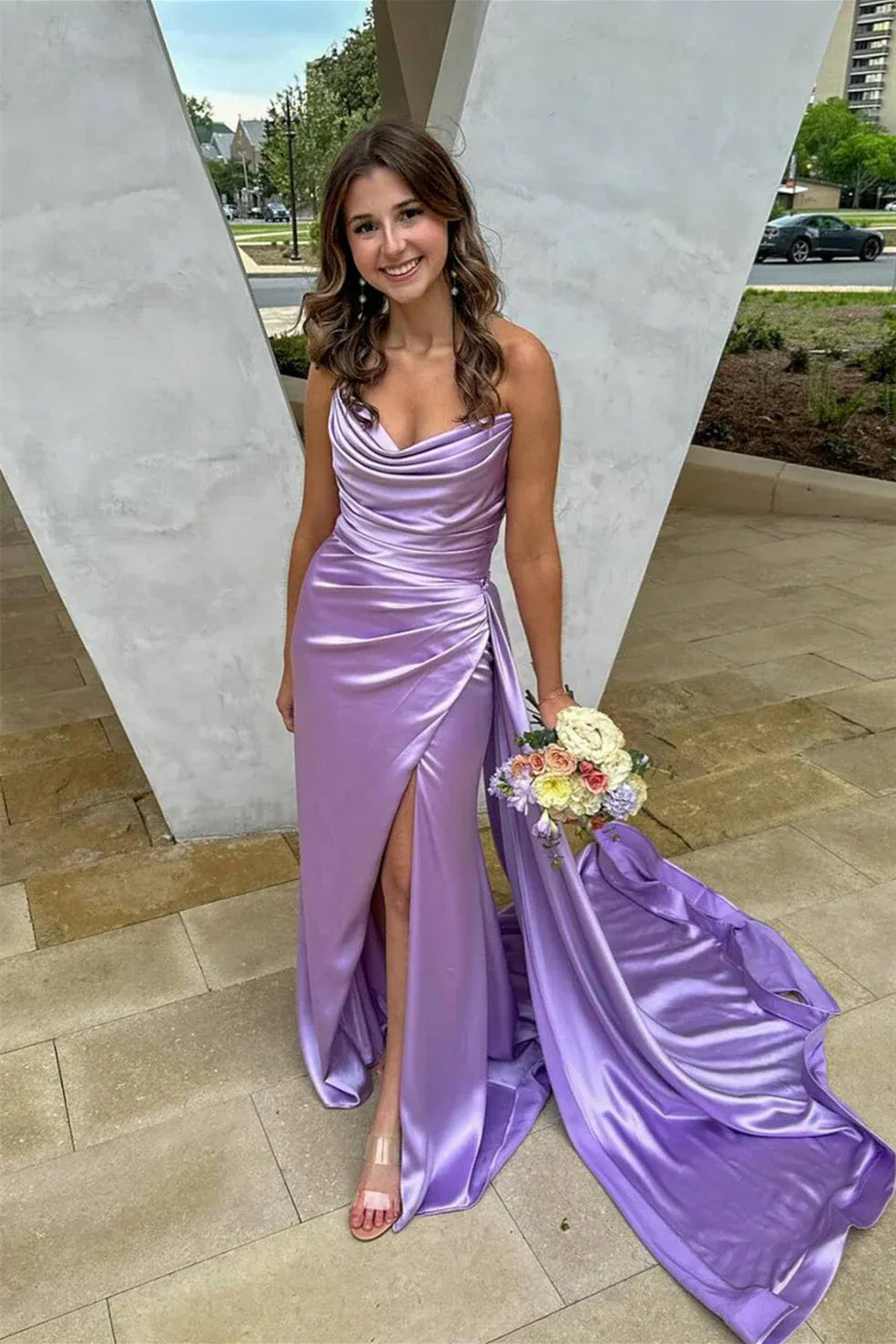 V Neck Sleeveless Fitted Pleated Long Prom Dress