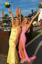 V Neck Sleeveless Mermaid Pleated Long Prom Dress