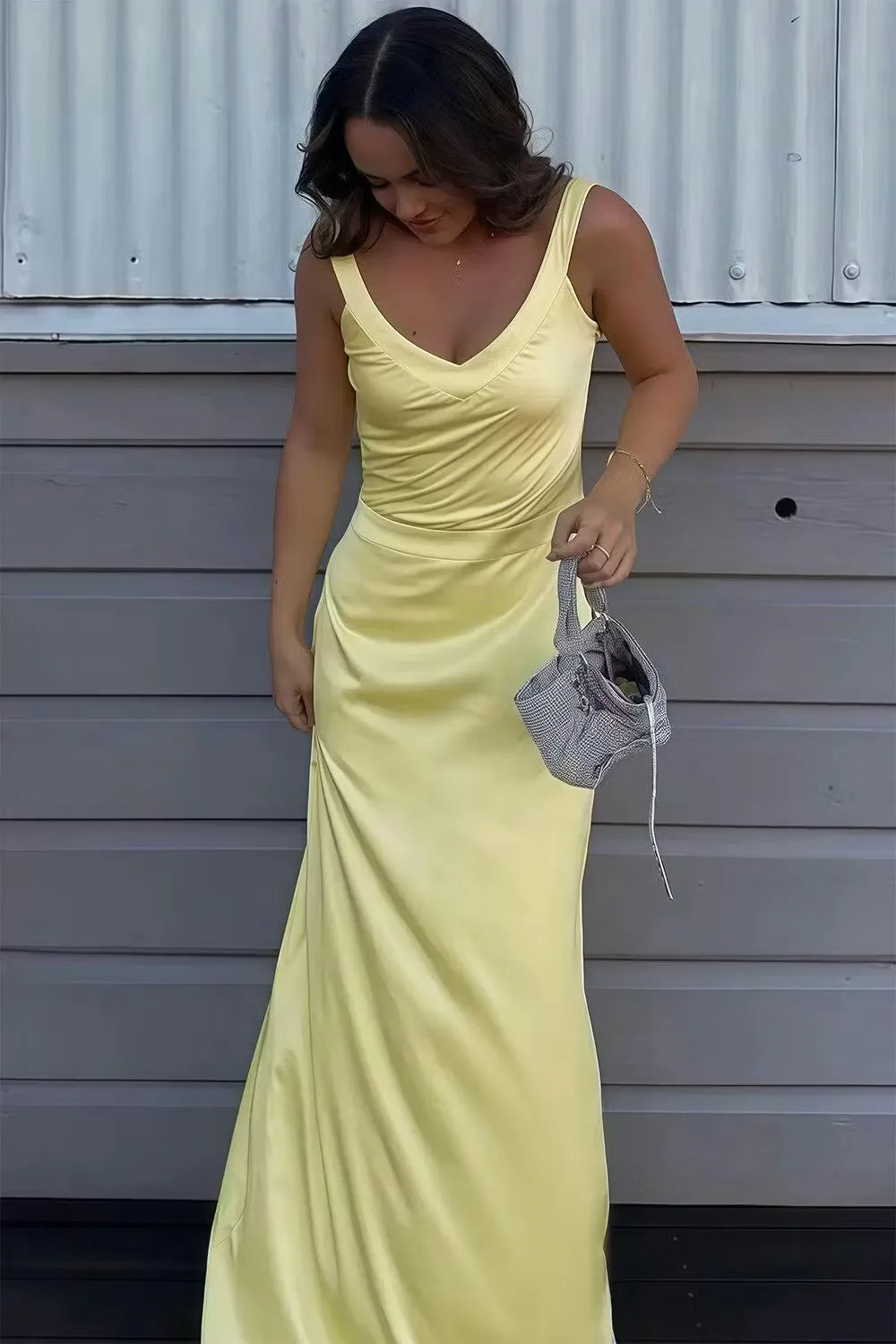 V Neck Sleeveless Mermaid Pleated Long Prom Dress