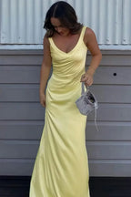 V Neck Sleeveless Mermaid Pleated Long Prom Dress