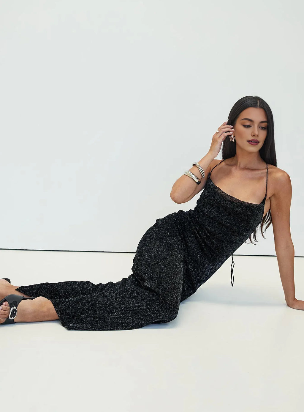 Black Glittery Cowl Neck Backless Maxi Dress with Side Slit Prom Dresses
