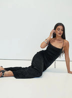 Black Glittery Cowl Neck Backless Maxi Dress with Side Slit Prom Dresses