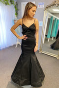 Black Spaghetti Strap V Neck Big Bow Back Mermaid Prom Dress
