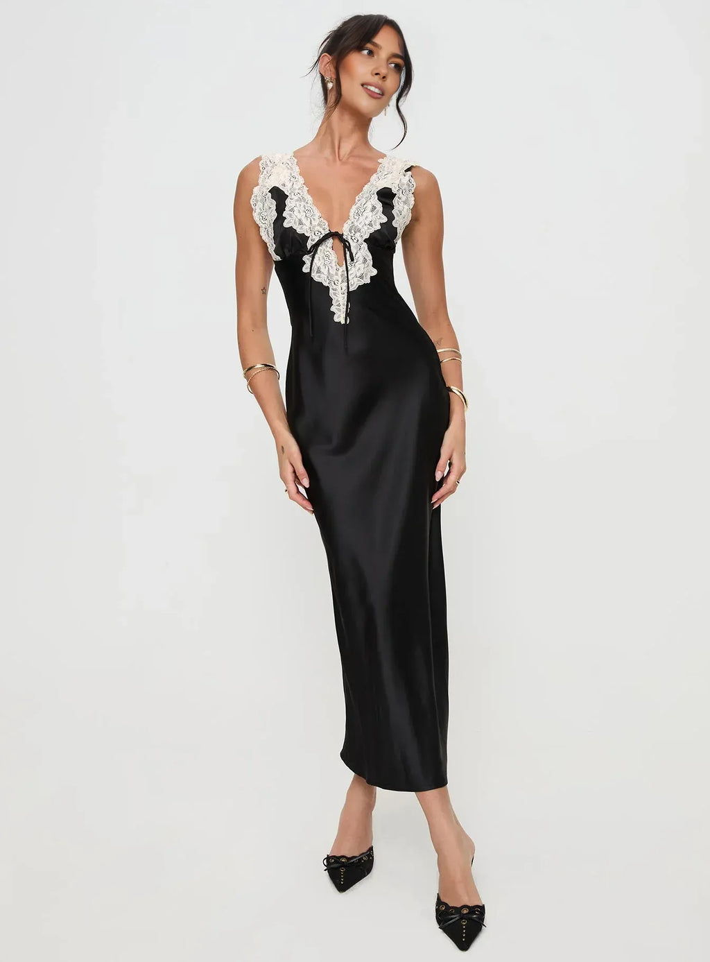 Black Trimmed V Neck Backless Midi Dress Affordable Prom Dresses