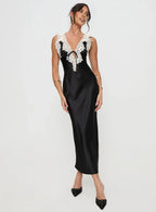 Black Trimmed V Neck Backless Midi Dress Affordable Prom Dresses