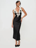 Black Trimmed V Neck Backless Midi Dress Affordable Prom Dresses