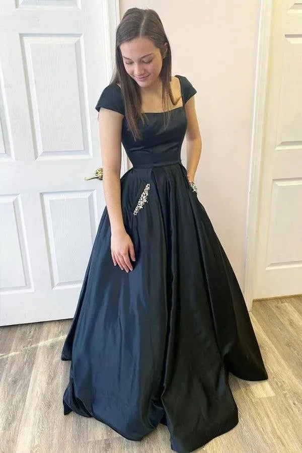 Square Neck Cap Sleeve Up Back Pocket A-Line Prom Ball Gown