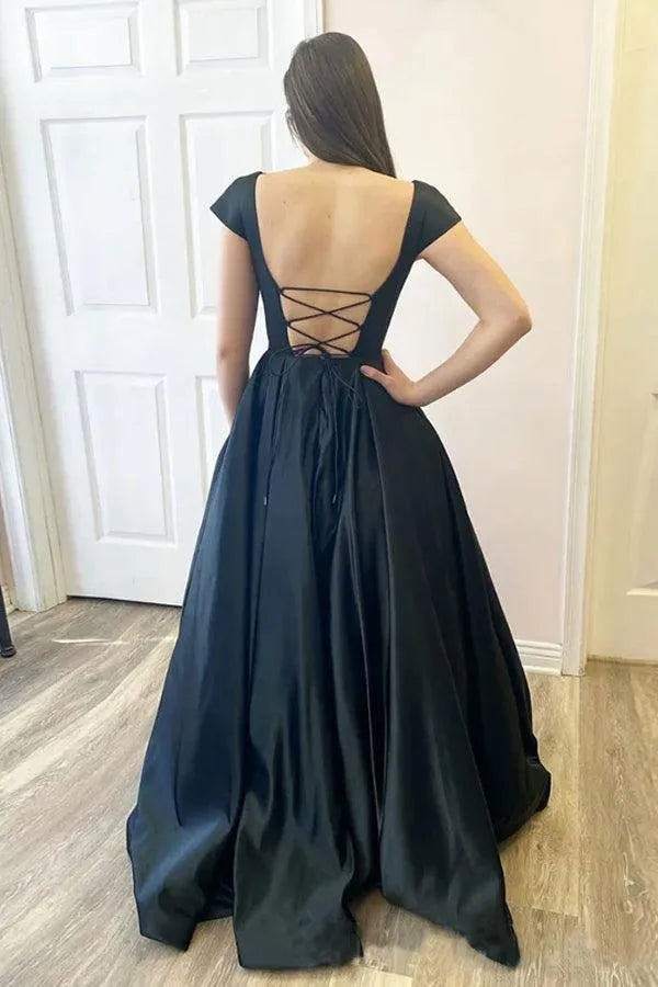 Square Neck Cap Sleeve Up Back Pocket A-Line Prom Ball Gown
