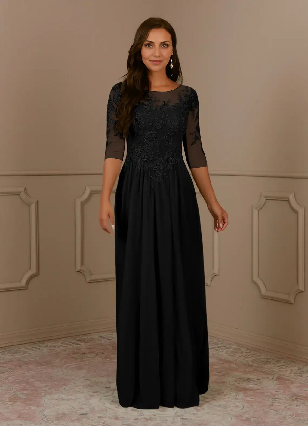 Black Dress Elegant A-Line Scoop Dress Floor-Length Short Sleeve Illusion Back Plus Size Mother of the Bride Dress
