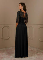 Black Dress Elegant A-Line Scoop Dress Floor-Length Short Sleeve Illusion Back Plus Size Mother of the Bride Dress