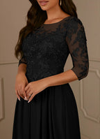 Black Dress Elegant A-Line Scoop Dress Floor-Length Short Sleeve Illusion Back Plus Size Mother of the Bride Dress