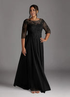 Black Dress Elegant A-Line Scoop Dress Floor-Length Short Sleeve Illusion Back Plus Size Mother of the Bride Dress