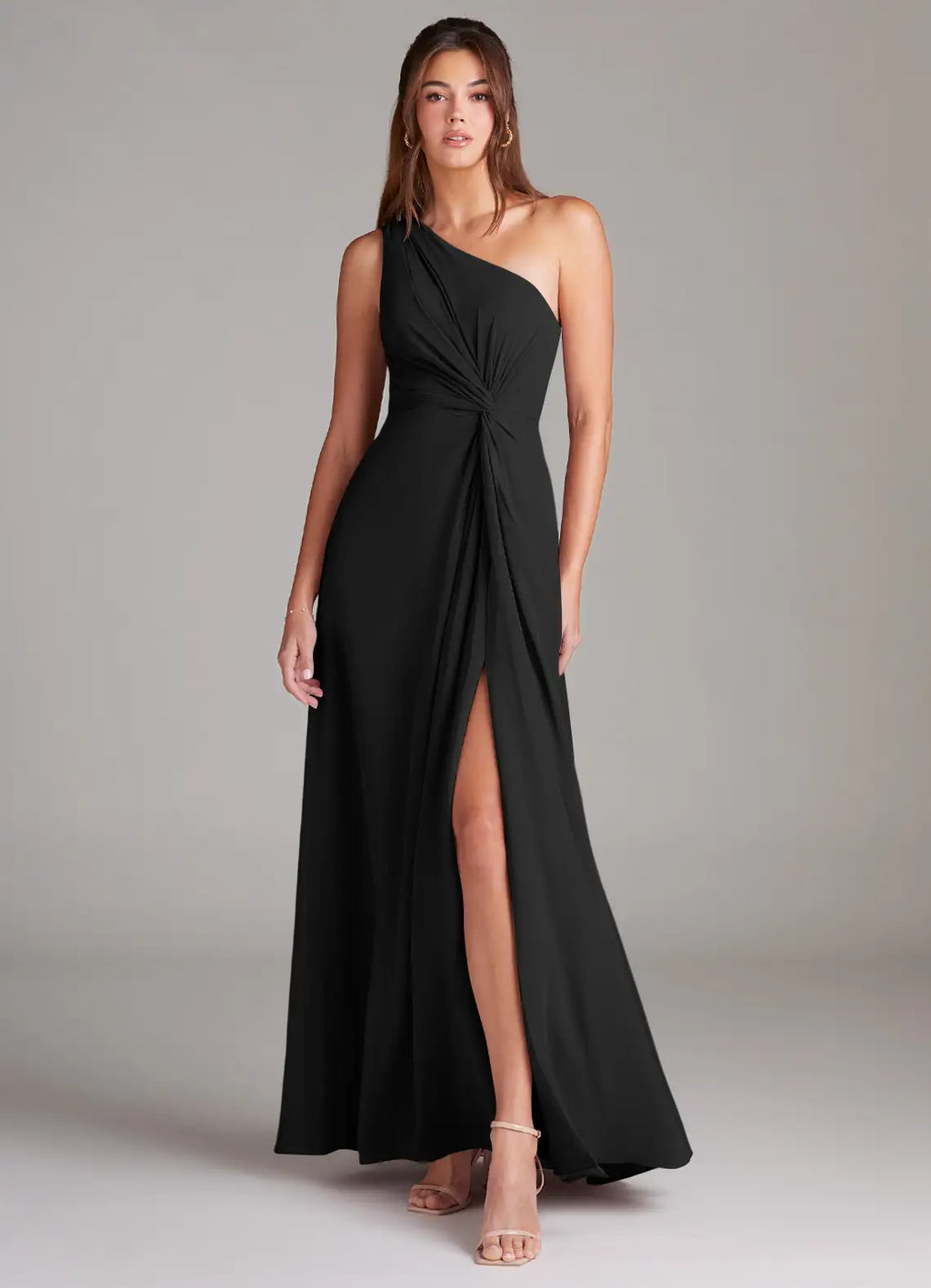 Black Bridesmaid Dress with One-Shoulder Neckline, Twist Bodice and High Side Slit