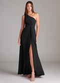 Black Bridesmaid Dress with One-Shoulder Neckline, Twist Bodice and High Side Slit