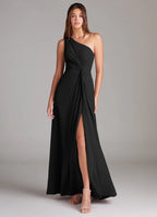 Black Bridesmaid Dress with One-Shoulder Neckline, Twist Bodice and High Side Slit