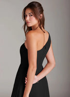 Black Bridesmaid Dress with One-Shoulder Neckline, Twist Bodice and High Side Slit