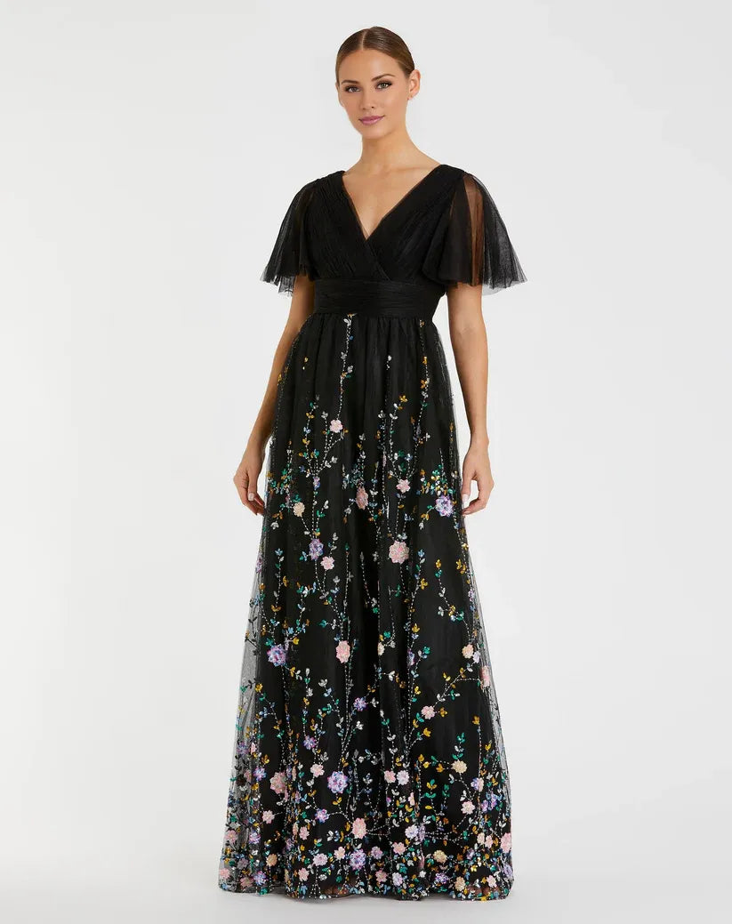 Black Dress Embroidered Butterfly Sleeve Empire Waist Dress Maxi Dress Evening Dress A-Line Short Butterfly Sleeve Prom Dress