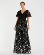 Black Dress Embroidered Butterfly Sleeve Empire Waist Dress Maxi Dress Evening Dress A-Line Short Butterfly Sleeve Prom Dress