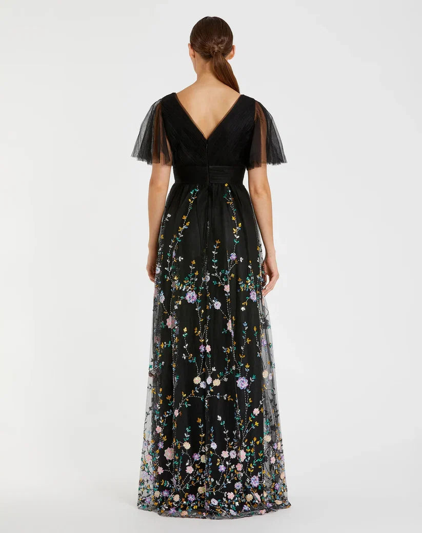 Black Dress Embroidered Butterfly Sleeve Empire Waist Dress Maxi Dress Evening Dress A-Line Short Butterfly Sleeve Prom Dress