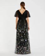 Black Dress Embroidered Butterfly Sleeve Empire Waist Dress Maxi Dress Evening Dress A-Line Short Butterfly Sleeve Prom Dress