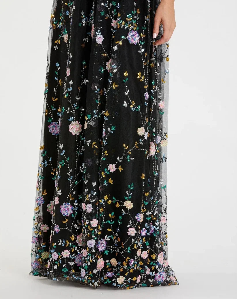 Black Dress Embroidered Butterfly Sleeve Empire Waist Dress Maxi Dress Evening Dress A-Line Short Butterfly Sleeve Prom Dress