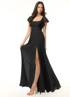 Black Chiffon Bridesmaid Dress with Square Neck, Ruffled Sleeves and High Side Slit