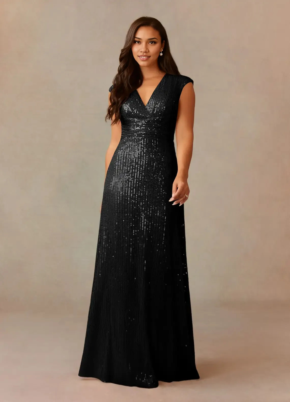 Dress Champagne A-Line V-Neck Ruched Sequins Mother Of The Bride Dresses Cap Sleeves Back Zip Ruffle Evening Dress