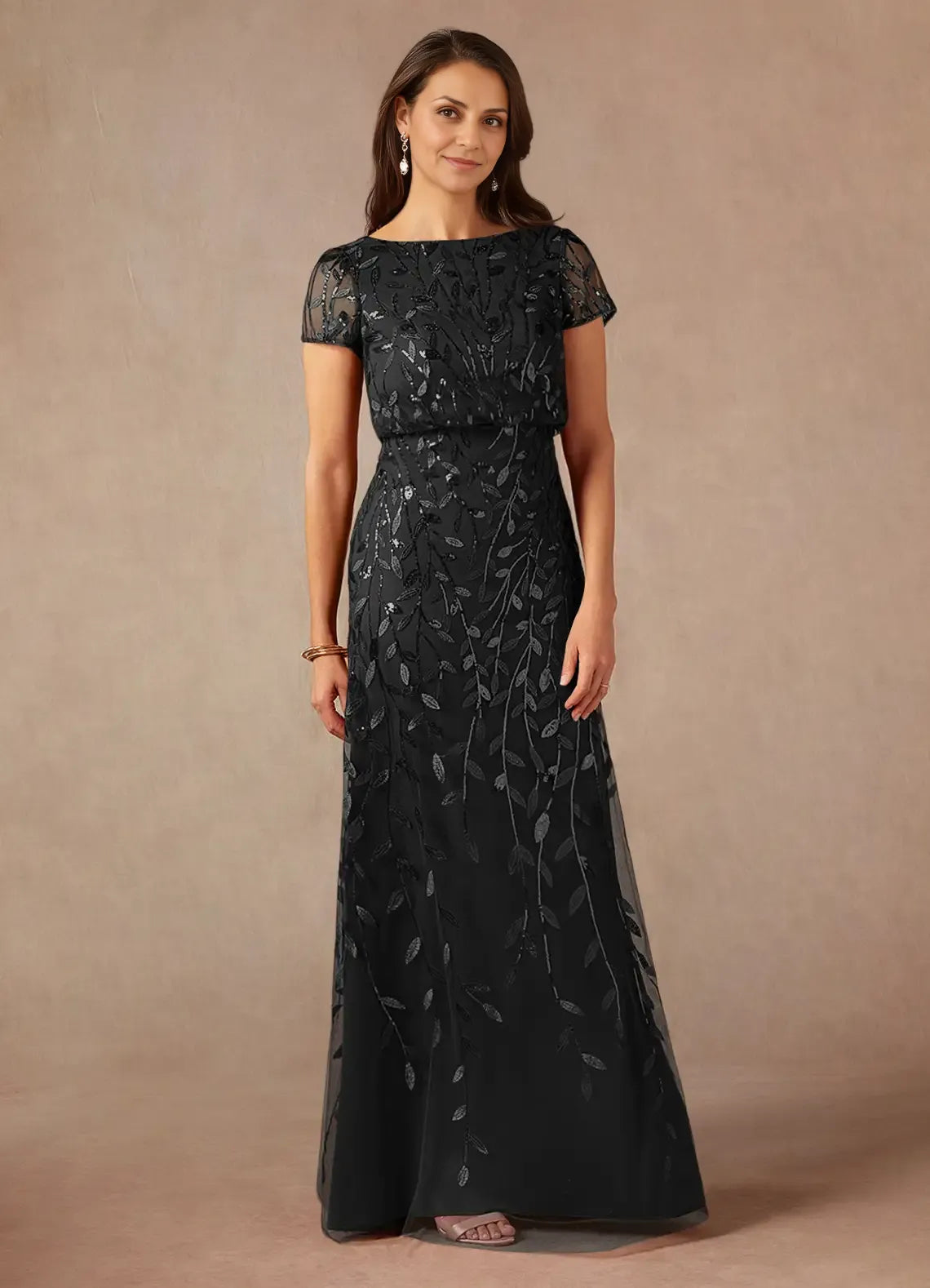 Navy Dress Dark A-Line Sequins Maxi Dress Elegant Boat Neck Short Sleeves Back Zip Mother of the Bride Dress