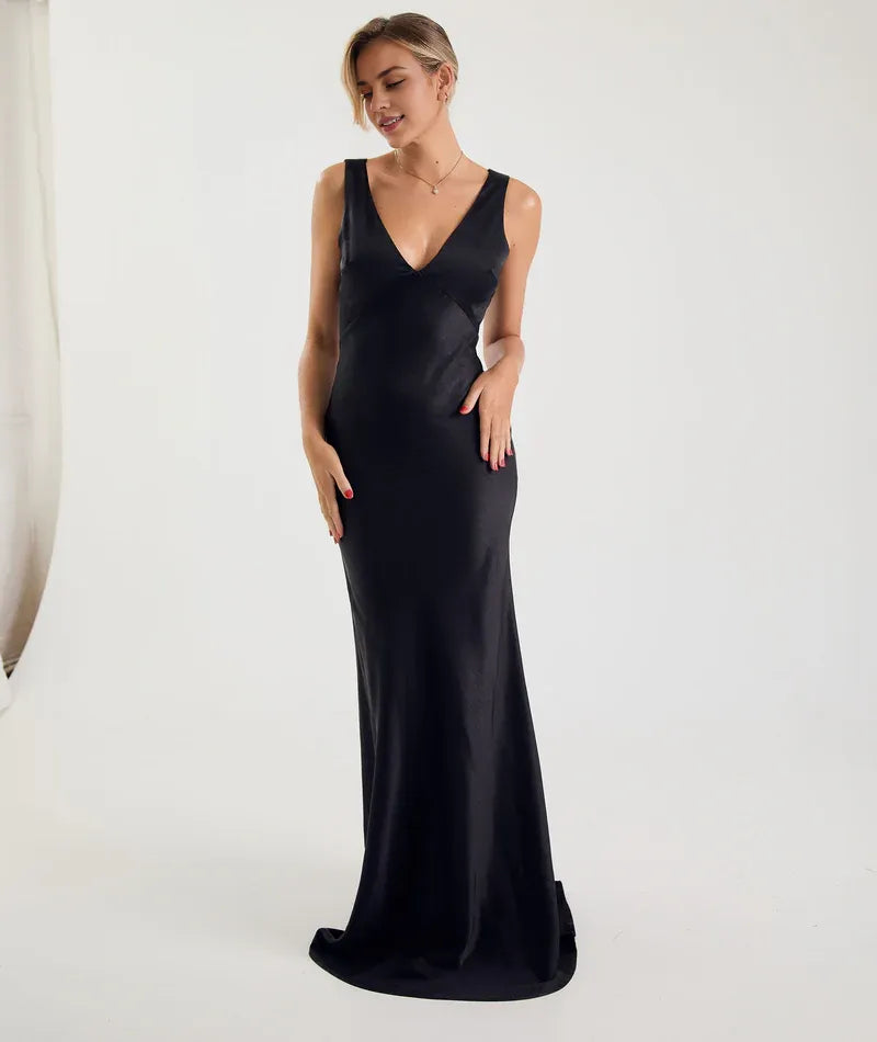 Dress Fashion Twist Back Bridesmaid Dress Maxi Dress Solid Color Champagne Deep V Neck Column Prom Dress