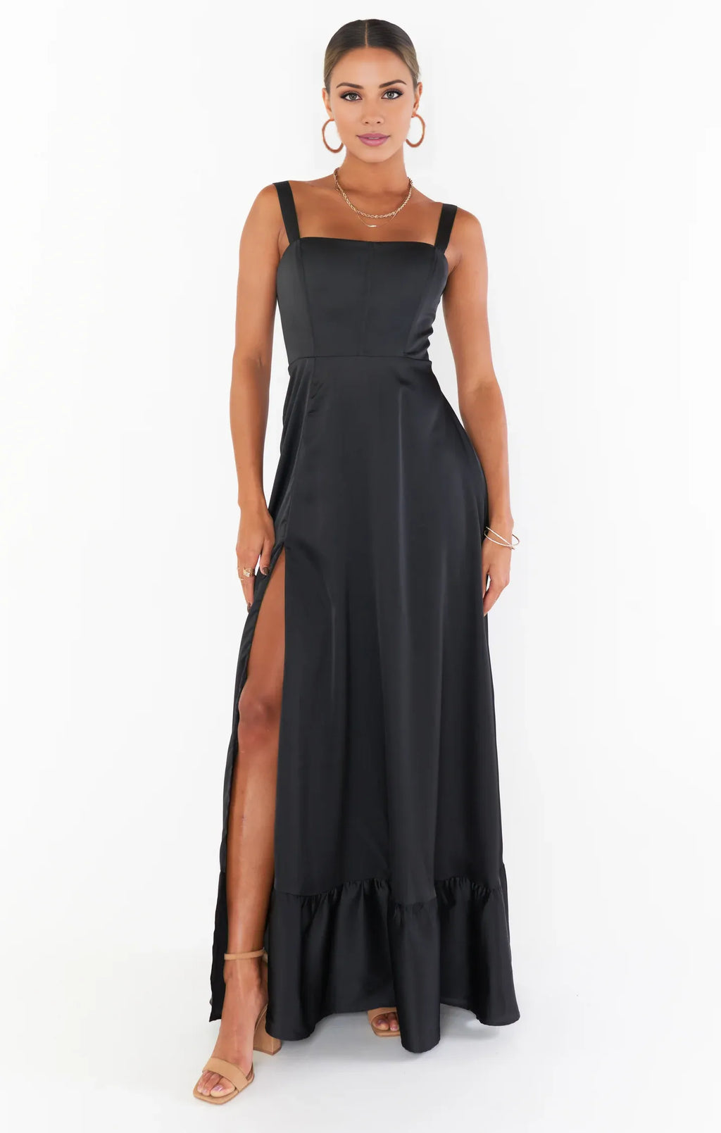 Dress Regular Straps Square Neck Sleeveless Maxi Dress Column Simple Crisscross Back Prom Dress With Slit