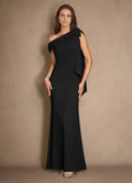 Black Mermaid Pleated Floor-Length Dress Cold Shoulder Sleeve Solid Color Elegant Mother of the Bride Dress