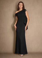 Black Mermaid Pleated Floor-Length Dress Cold Shoulder Sleeve Solid Color Elegant Mother of the Bride Dress