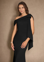 Black Mermaid Pleated Floor-Length Dress Cold Shoulder Sleeve Solid Color Elegant Mother of the Bride Dress