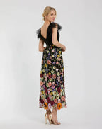 Black Dress Multicolor Embroidered Flutter Sleeve Floral Maxi Dress Evening Dress A-Line Ruffled Pleated Prom Dress