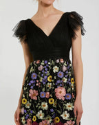 Black Dress Multicolor Embroidered Flutter Sleeve Floral Maxi Dress Evening Dress A-Line Ruffled Pleated Prom Dress
