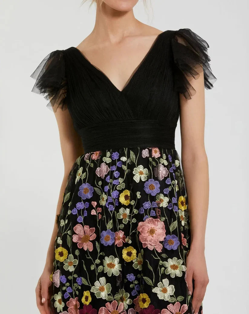 Black Dress Multicolor Embroidered Flutter Sleeve Floral Maxi Dress Evening Dress A-Line Ruffled Pleated Prom Dress