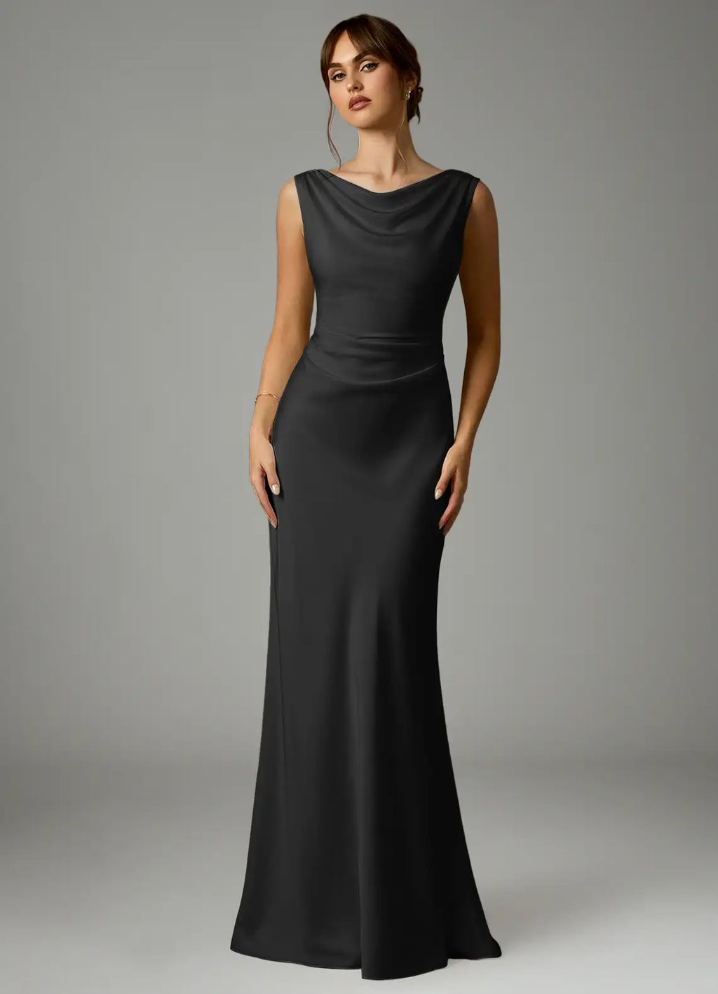 Black Satin Bridesmaid Dress with Cowl Neckline, Draped Back and Ruched Bodice