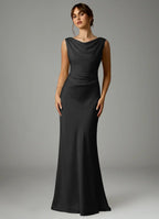 Black Satin Bridesmaid Dress with Cowl Neckline, Draped Back and Ruched Bodice
