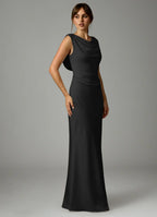 Black Satin Bridesmaid Dress with Cowl Neckline, Draped Back and Ruched Bodice